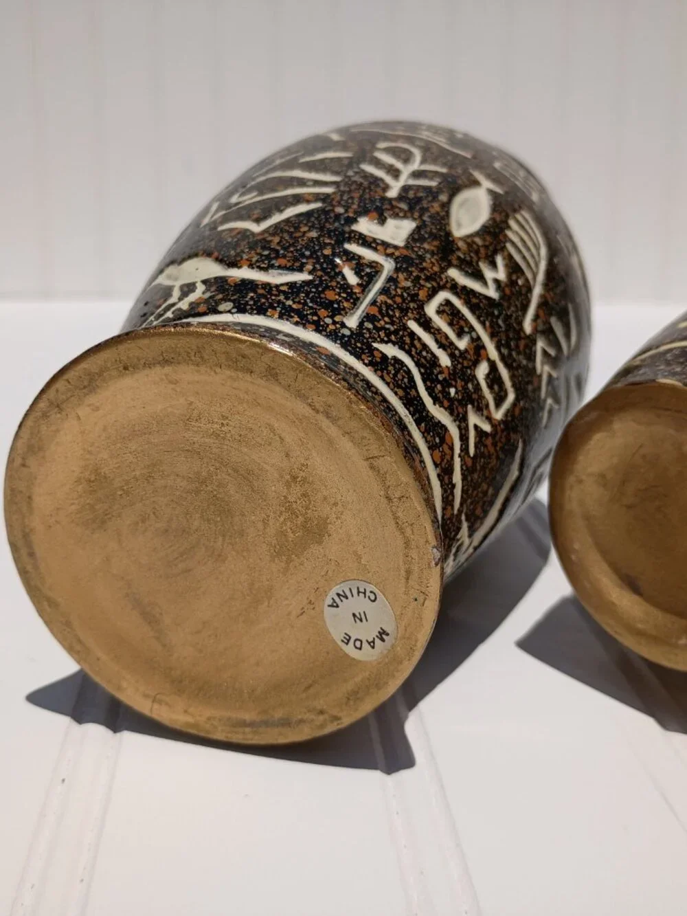 Vintage Pair Chinese Ceramic Hieroglyphic Vases Brown Speckled Boho Decor MCM